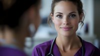 Young female medical professional in purple scrubs with stethoscope smiling warmly during consultation with patient in healthcare setting, natural lighting creates soft focus.