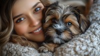 Young Caucasian woman with wavy brown hair and blue eyes smiling while cuddling with Yorkshire terrier puppy on cozy beige blanket, expressing joy and companionship.