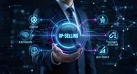 Professional businessman presenting up-selling strategy with digital network connections and business growth icons in futuristic technology interface.