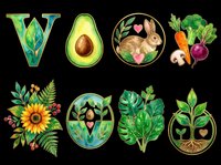 Watercolor vegan clipart set with letter V, avocado, bunny, vegetables, sunflower, and plants, isolated on transparent background, ready for stickers, t-shirts, and print on demand.