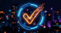 Glowing neon checkmark symbol with blue circular frame against blurred city lights background. Digital confirmation icon for business presentations.