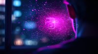 Glowing pink network visualization on transparent display with person silhouette and city lights bokeh in background creates futuristic technological atmosphere.