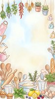 Watercolor kitchen border frame with cooking utensils, herbs, spices, and baked goods, featuring a blank center space for text or recipe cards.