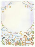 Pastel watercolor baby shower frame with stork, rocking horse, clouds, stars, bunting flags, and toys on isolated white background, ready for invitations and greeting cards.