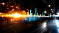 Digital audio spectrum visualization with glowing blue equalizer bars and orange light burst effect on dark reflective surface, modern music technology background.