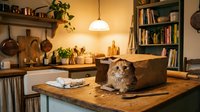 Fluffy brown tabby cat sitting in cardboard box on wooden table in warm, cozy kitchen with pendant light, shelves, and books for home decor.