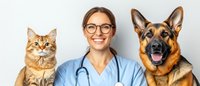 Young female veterinarian in blue scrubs and glasses with stethoscope smiling between ginger maine coon cat and german shepherd dog against light background.