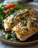 Grilled chicken breast with herbs and spices served on wooden plate with fresh salad. Healthy protein meal for dinner or lunch preparation.