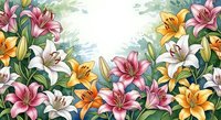 Colorful lily flowers frame border with pink, white and orange blooms on watercolor background for spring garden design and floral decorations.
