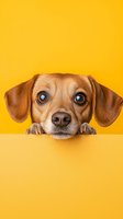 Curious dachshund puppy peeking over yellow surface with big blue eyes and floppy ears, looking directly at camera against bright yellow background.