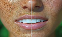 Before and after teeth whitening comparison showing female smile with freckles on face against green background. Professional dental treatment results.