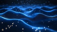 Abstract blue digital wave landscape with glowing particles and dots forming undulating terrain against dark background. Futuristic technology concept.