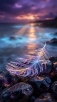 Ethereal feather glowing with magical light on rocky shore during dramatic sunset over ocean waves with purple and orange sky reflections in water.