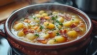 Hearty potato soup with bacon bits, carrots and fresh herbs in rustic ceramic bowl, garnished with grated parmesan cheese and chopped parsley. Comfort food for cold days.
