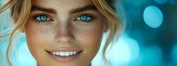 Young woman with freckles and striking blue eyes smiling against blurred turquoise background with bokeh effect.