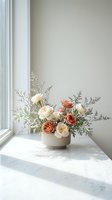 Elegant floral arrangement with roses and greenery in ceramic vase on marble windowsill creating sophisticated home decor atmosphere.