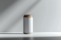 White aluminum beverage can with copper top on white surface against light gray wall, casting subtle diagonal shadow. Clean minimal mockup for branding.
