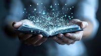 Glowing magical book floating between hands emits sparkling light particles and ethereal blue energy, creating mystical atmosphere for education and knowledge concepts.