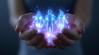 Glowing ethereal silhouette floating between cupped hands with magical blue and purple light effects, sparks and particles creating mystical spiritual atmosphere.