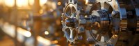 Metal gears and mechanical parts in industrial machinery with warm bokeh lighting effect in background, close up view showing technical engineering detail.
