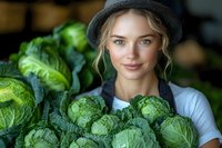 Young woman with blonde wavy hair and fair complexion wearing gray beanie and light blue shirt, holding fresh green cabbage heads at farmers market or farm stand.