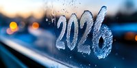 Frosted numbers 2026 written on wet window glass with bokeh lights and blurred winter cityscape in background, creating atmospheric new year mood.