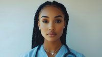 Young African American female healthcare professional wearing light blue medical scrubs and necklace with braided hairstyle against neutral background, confident expression.