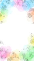 Watercolor Easter frame with hand drawn eggs, bunnies, flowers and spring elements on pastel rainbow background for greeting cards and seasonal designs.