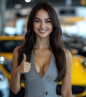 Young woman with long dark hair wearing gray dress showing thumbs up gesture with bright genuine smile in modern business environment with blurred background.