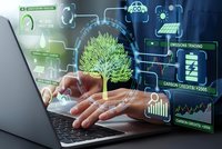 Hands typing on laptop with holographic green tree and environmental data interface showing carbon credits and sustainability metrics for eco business.