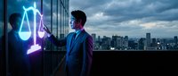 Young male professional in business suit interacting with glowing neon law and justice symbols on glass panel, modern city skyline background, representing legal technology and corporate compliance.