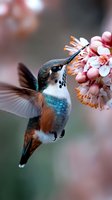 Vibrant hummingbird with turquoise and copper feathers feeding on delicate pink spring blossoms while hovering mid-flight, captured in sharp detail against soft background.