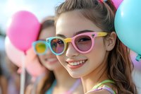 Young Asian woman wearing colorful sunglasses smiling at summer party with balloons in background, expressing joy and celebration in casual festive atmosphere.