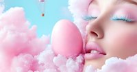 Dreamy portrait of woman with pink makeup and blue eyelashes among cotton candy clouds, surreal artistic composition with soft pastel colors and ethereal atmosphere.