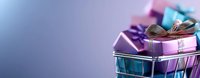 Shopping cart filled with wrapped gift boxes in purple and turquoise colors against blurred background, holiday shopping and retail concept.