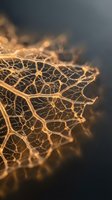 Golden illuminated leaf skeleton showing intricate vein patterns and delicate cellular structure in warm atmospheric lighting for nature photography.