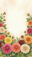 Vintage floral frame with colorful dahlia flowers and green leaves on textured beige background for wedding invitations and greeting cards.