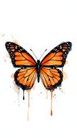 Watercolor monarch butterfly with orange wings and paint drips on white background for artistic designs and nature projects.