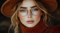 Young Caucasian woman wearing round glasses and brown hat, with natural makeup and red turtleneck sweater against dark background. Wind-blown blonde hair frames face.