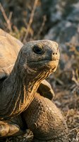 Close-up portrait of a Galápagos giant tortoise with textured shell and wrinkled neck in natural sunlight, suitable for wildlife, nature, and educational content.