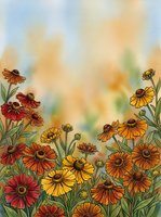 Watercolor autumn wildflowers border with orange and yellow blooms on soft pastel background for seasonal greeting cards and botanical designs.