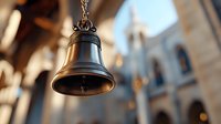 Antique bronze church bell hanging on chain against blurred gothic cathedral interior background with soft natural lighting and architectural details.