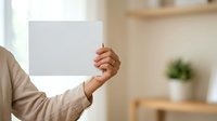 Person with medium skin tone holding blank white card or paper in modern interior space for messaging or advertising purposes.