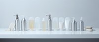 Minimalist cosmetic bottles and containers in white and silver arranged on clean surface for skincare and beauty product packaging design.