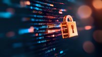 Glowing orange padlock with binary code and digital data streams, representing cybersecurity, data protection, and encryption technology for secure networks.