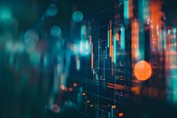 Financial data visualization with glowing orange and teal candlestick charts against dark background, abstract bokeh lights create depth and modern tech atmosphere.