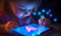 Young child using digital tablet with glowing interface icons in dark room. Technology education and screen time concept for modern learning applications.