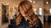 Professional hair coloring showcases warm caramel highlights and balayage technique on long wavy hair in modern salon setting for beauty treatments.