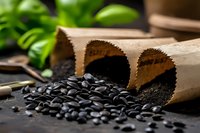 Black sunflower seeds spilling from brown paper bags on dark rustic surface with green plant in background, natural food ingredients and gardening concept.