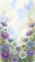 Watercolor floral border with purple, blue and white wildflowers on soft pastel background with copy space for text or design.